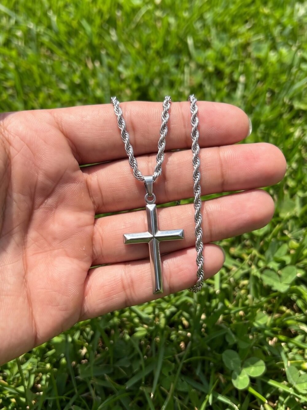 Mens Rope Chain Real Silver 22 Inch Plated 4mm Latin Cross Waterproof Durable